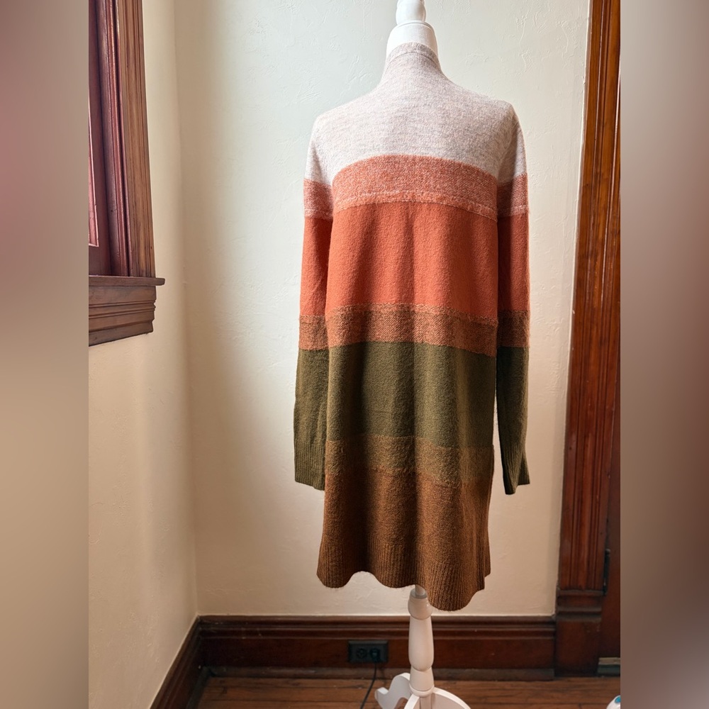 Hem & Thread Women’s Striped Open Cardigan Size M Cream, Green & Burnt Orange - Picture 6 of 7